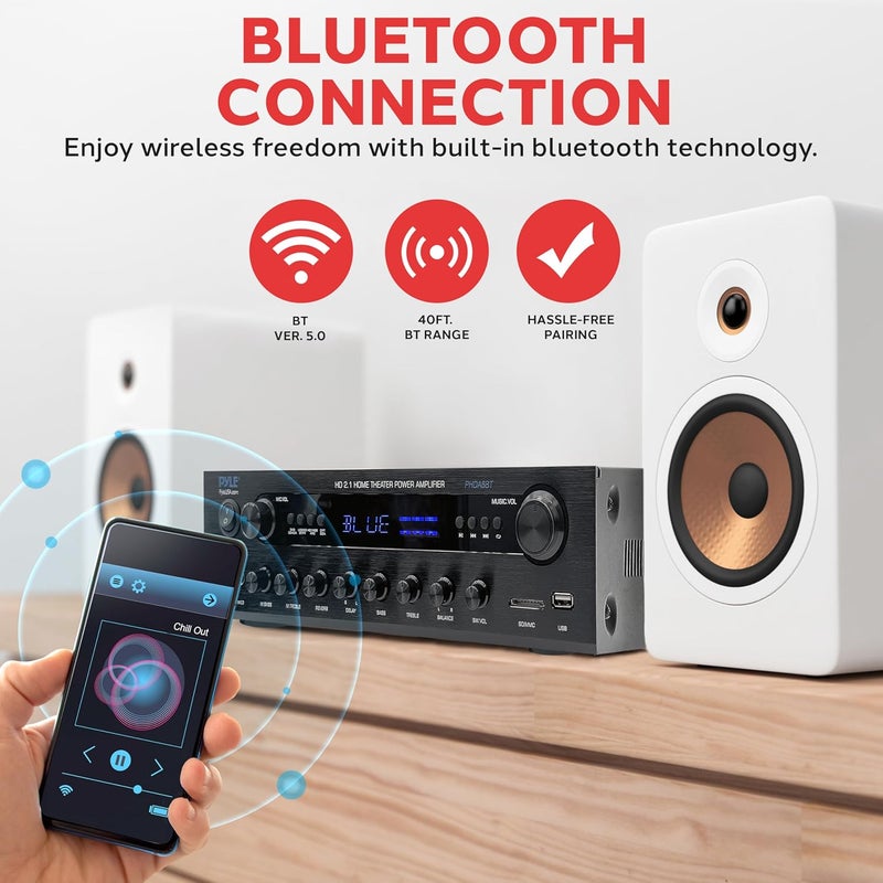 Pyle 400W Stereo Amplifier Receiver - BT Home Audio Amplifier with USB/SD Readers, FM Radio, 3.5mm Aux, Phono, Optical & Coaxial Inputs, LED Display, Mic Inputs, Built-in 2 in 1 HDMI Switch - Image 4